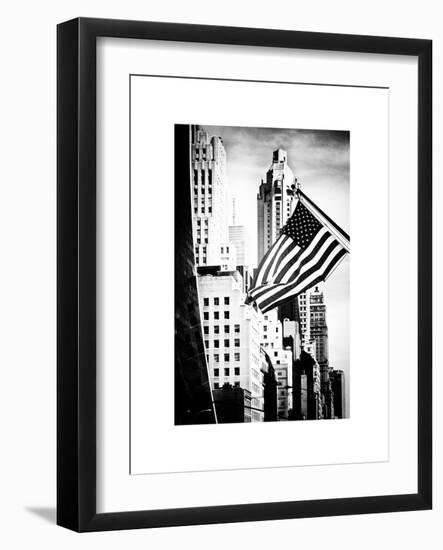 Skyscrapers View, American Flag, Midtown Manhattan, NYC, White Frame, Old-Philippe Hugonnard-Framed Art Print