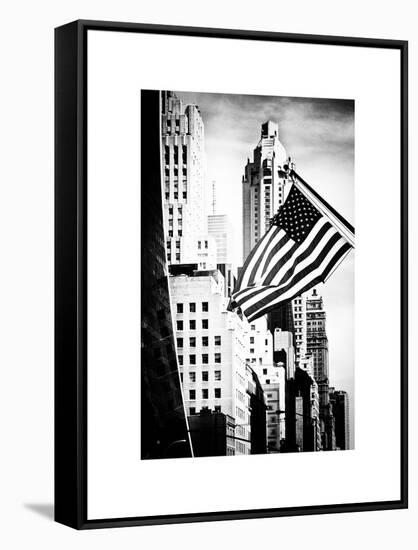 Skyscrapers View, American Flag, Midtown Manhattan, NYC, White Frame, Old-Philippe Hugonnard-Framed Stretched Canvas