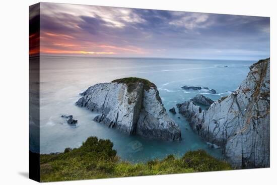 Slate Cliffs Near Morte Point at Sunset, Mortehoe, North Devon, England. Summer-Adam Burton-Stretched Canvas