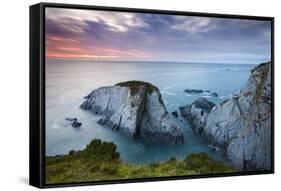 Slate Cliffs Near Morte Point at Sunset, Mortehoe, North Devon, England. Summer-Adam Burton-Framed Stretched Canvas