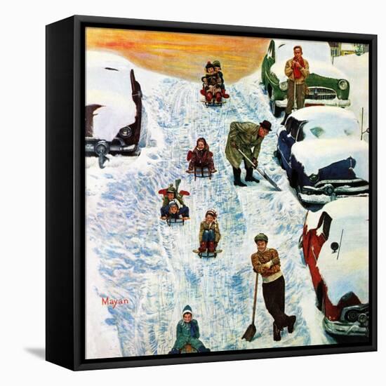 "Sledding and Digging Out," January 28, 1961-Earl Mayan-Framed Stretched Canvas