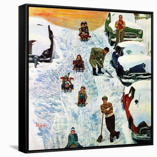 "Sledding and Digging Out," January 28, 1961-Earl Mayan-Framed Stretched Canvas