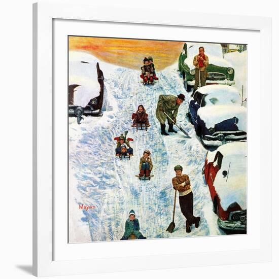 "Sledding and Digging Out," January 28, 1961-Earl Mayan-Framed Giclee Print