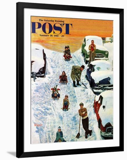 "Sledding and Digging Out," Saturday Evening Post Cover, January 28, 1961-Earl Mayan-Framed Premium Giclee Print