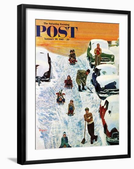 "Sledding and Digging Out," Saturday Evening Post Cover, January 28, 1961-Earl Mayan-Framed Giclee Print