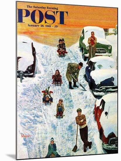 "Sledding and Digging Out," Saturday Evening Post Cover, January 28, 1961-Earl Mayan-Mounted Giclee Print