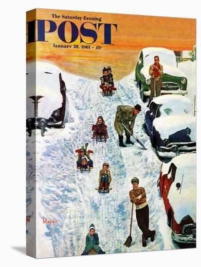 "Sledding and Digging Out," Saturday Evening Post Cover, January 28, 1961-Earl Mayan-Stretched Canvas