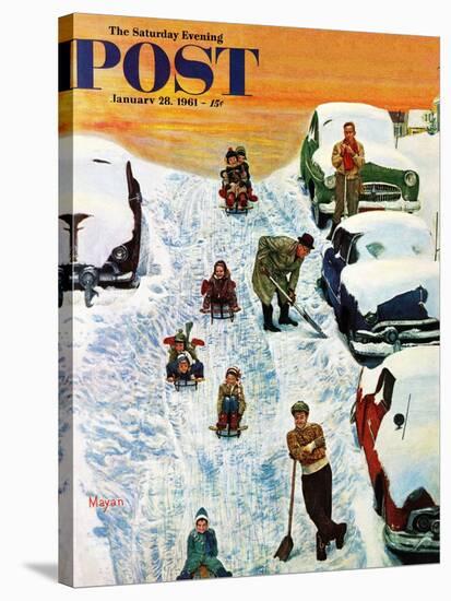 "Sledding and Digging Out," Saturday Evening Post Cover, January 28, 1961-Earl Mayan-Stretched Canvas