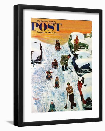 "Sledding and Digging Out," Saturday Evening Post Cover, January 28, 1961-Earl Mayan-Framed Giclee Print