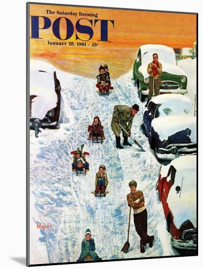 "Sledding and Digging Out," Saturday Evening Post Cover, January 28, 1961-Earl Mayan-Mounted Giclee Print