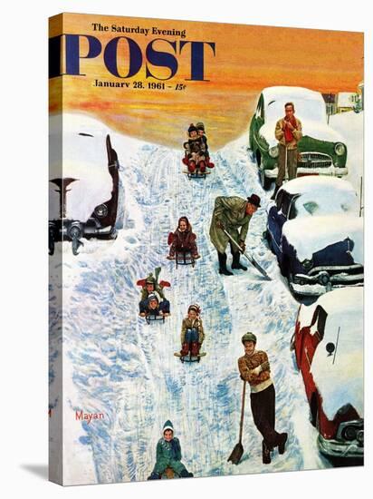 "Sledding and Digging Out," Saturday Evening Post Cover, January 28, 1961-Earl Mayan-Stretched Canvas