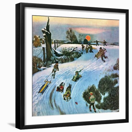 "Sledding by Sunset," December 18, 1948-John Falter-Framed Giclee Print