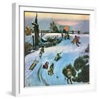 "Sledding by Sunset," December 18, 1948-John Falter-Framed Giclee Print