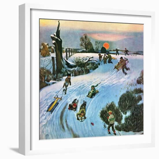 "Sledding by Sunset," December 18, 1948-John Falter-Framed Giclee Print