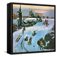 "Sledding by Sunset," December 18, 1948-John Falter-Framed Stretched Canvas