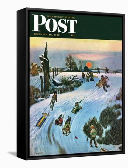 "Sledding by Sunset," Saturday Evening Post Cover, December 18, 1948-John Falter-Framed Stretched Canvas