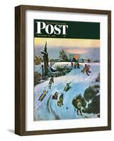 "Sledding by Sunset," Saturday Evening Post Cover, December 18, 1948-John Falter-Framed Giclee Print