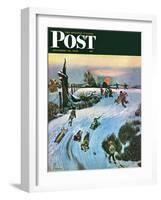 "Sledding by Sunset," Saturday Evening Post Cover, December 18, 1948-John Falter-Framed Giclee Print