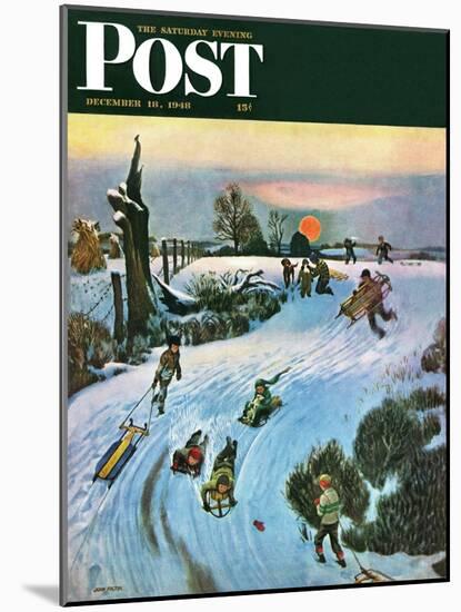 "Sledding by Sunset," Saturday Evening Post Cover, December 18, 1948-John Falter-Mounted Giclee Print