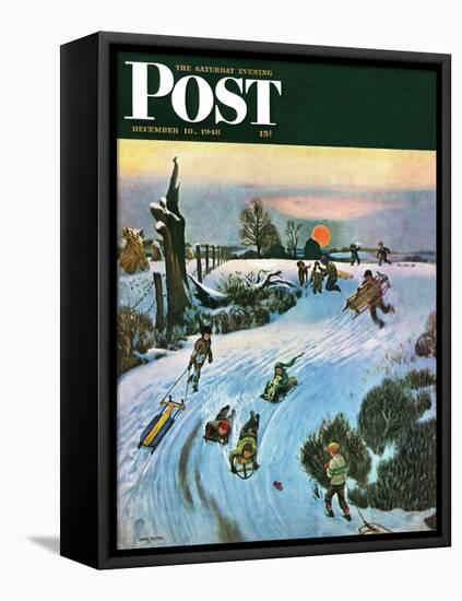 "Sledding by Sunset," Saturday Evening Post Cover, December 18, 1948-John Falter-Framed Stretched Canvas