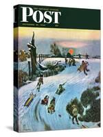 "Sledding by Sunset," Saturday Evening Post Cover, December 18, 1948-John Falter-Stretched Canvas