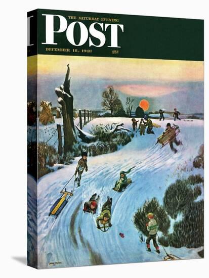 "Sledding by Sunset," Saturday Evening Post Cover, December 18, 1948-John Falter-Stretched Canvas