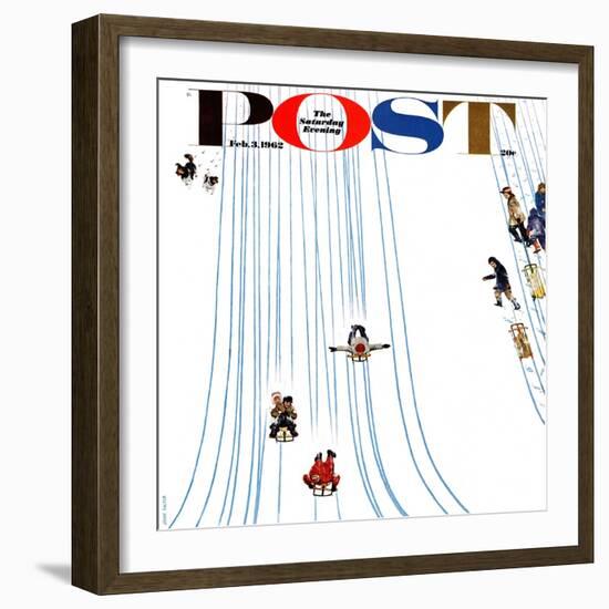 "Sledding Designs in the Snow," Saturday Evening Post Cover, February 3, 1962-John Falter-Framed Giclee Print