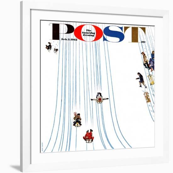 "Sledding Designs in the Snow," Saturday Evening Post Cover, February 3, 1962-John Falter-Framed Giclee Print