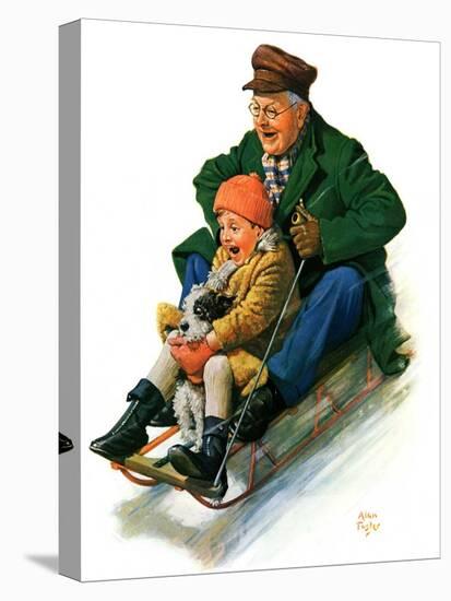 "Sledding with Grandpa,"February 8, 1930-Alan Foster-Stretched Canvas