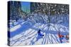 Sledging and Skiing Down the Trail, Morzine-Andrew Macara-Stretched Canvas