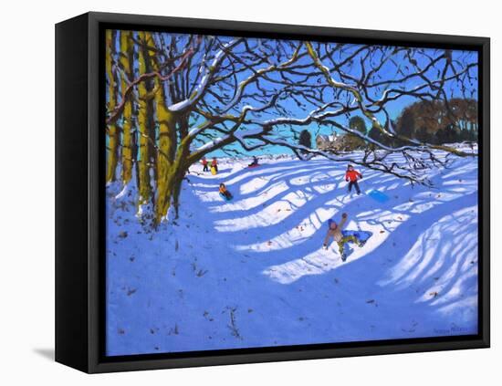 Sledging down the gully,Dam Lane,Ashbourne-Andrew Macara-Framed Stretched Canvas