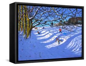 Sledging down the gully,Dam Lane,Ashbourne-Andrew Macara-Framed Stretched Canvas