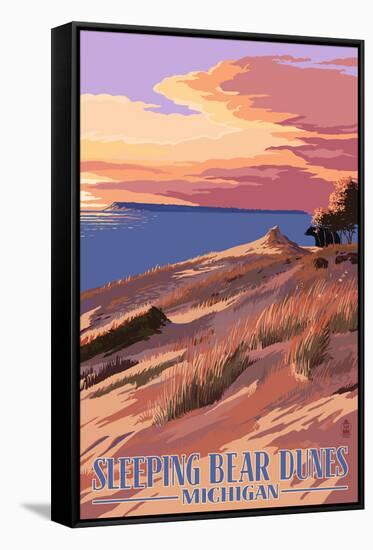 Sleeping Bear Dunes, Michigan - Dunes Sunset and Bear-Lantern Press-Framed Stretched Canvas