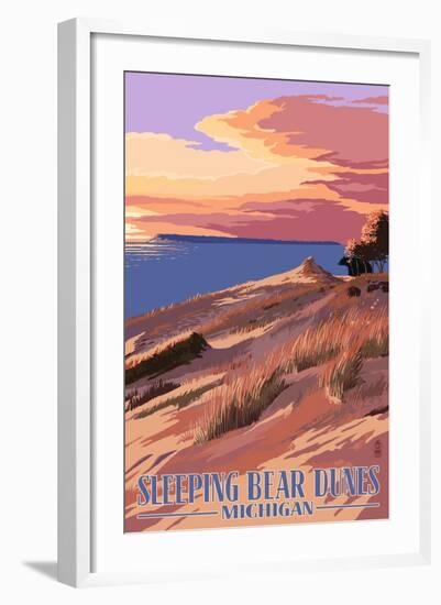 Sleeping Bear Dunes, Michigan - Dunes Sunset and Bear-Lantern Press-Framed Art Print