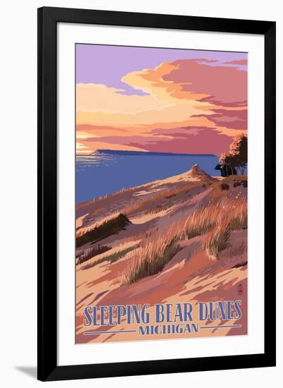 Sleeping Bear Dunes, Michigan - Dunes Sunset and Bear-Lantern Press-Framed Art Print