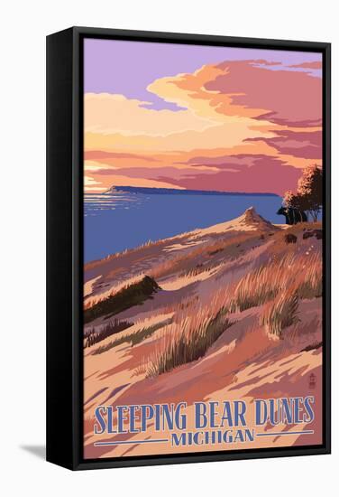 Sleeping Bear Dunes, Michigan - Dunes Sunset and Bear-Lantern Press-Framed Stretched Canvas