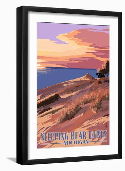 Sleeping Bear Dunes, Michigan - Dunes Sunset and Bear-Lantern Press-Framed Premium Giclee Print