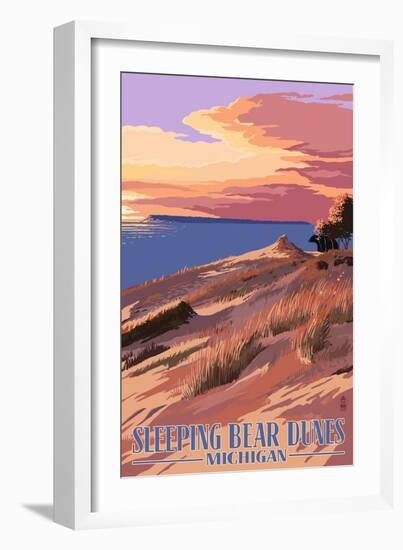 Sleeping Bear Dunes, Michigan - Dunes Sunset and Bear-Lantern Press-Framed Premium Giclee Print