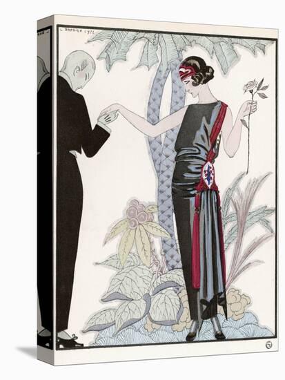 Sleeveless Slash Neck Chinese or Orientally Inspired Black Dress by Worth with Red Tassel Detail-Georges Barbier-Stretched Canvas