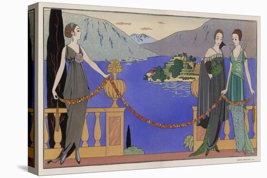 Sleeveless V-Neck High Waisted Dress with Draped and Split Skirt with a Train-Georges Barbier-Stretched Canvas