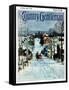 "Sleigh on Snowy Village Street," Country Gentleman Cover, February 1, 1931-Walter Baum-Framed Stretched Canvas