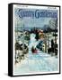 "Sleigh on Snowy Village Street," Country Gentleman Cover, February 1, 1931-Walter Baum-Framed Stretched Canvas