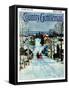 "Sleigh on Snowy Village Street," Country Gentleman Cover, February 1, 1931-Walter Baum-Framed Stretched Canvas