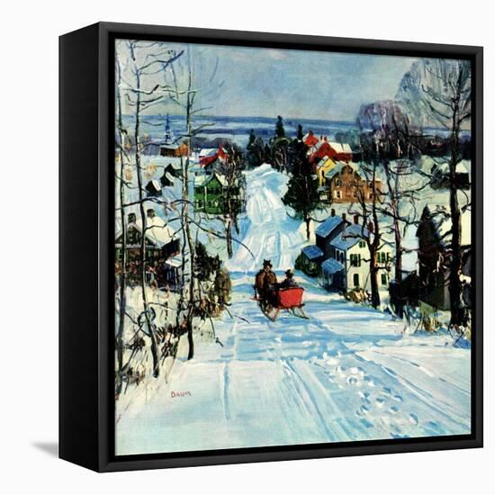 "Sleigh on Snowy Village Street,"February 1, 1931-Walter Baum-Framed Stretched Canvas