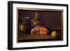 Slice of Salmon, a Lemon and Utensils. Painting by Luis Melendez (1716 - 1780), Spanish School, 18T-Luis Egidio Menendez or Melendez-Framed Giclee Print