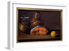 Slice of Salmon, a Lemon and Utensils. Painting by Luis Melendez (1716 - 1780), Spanish School, 18T-Luis Egidio Menendez or Melendez-Framed Giclee Print