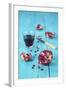 Sliced Pomegranate and a Glass of Pomegranate Juice on Turquoise Wooden Table-Jana Ihle-Framed Photographic Print