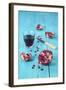 Sliced Pomegranate and a Glass of Pomegranate Juice on Turquoise Wooden Table-Jana Ihle-Framed Photographic Print