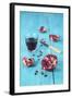 Sliced Pomegranate and a Glass of Pomegranate Juice on Turquoise Wooden Table-Jana Ihle-Framed Photographic Print