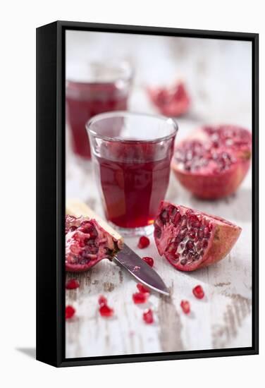 Sliced Pomegranates, Cores and Glass with Pomegranate Juice-Jana Ihle-Framed Stretched Canvas